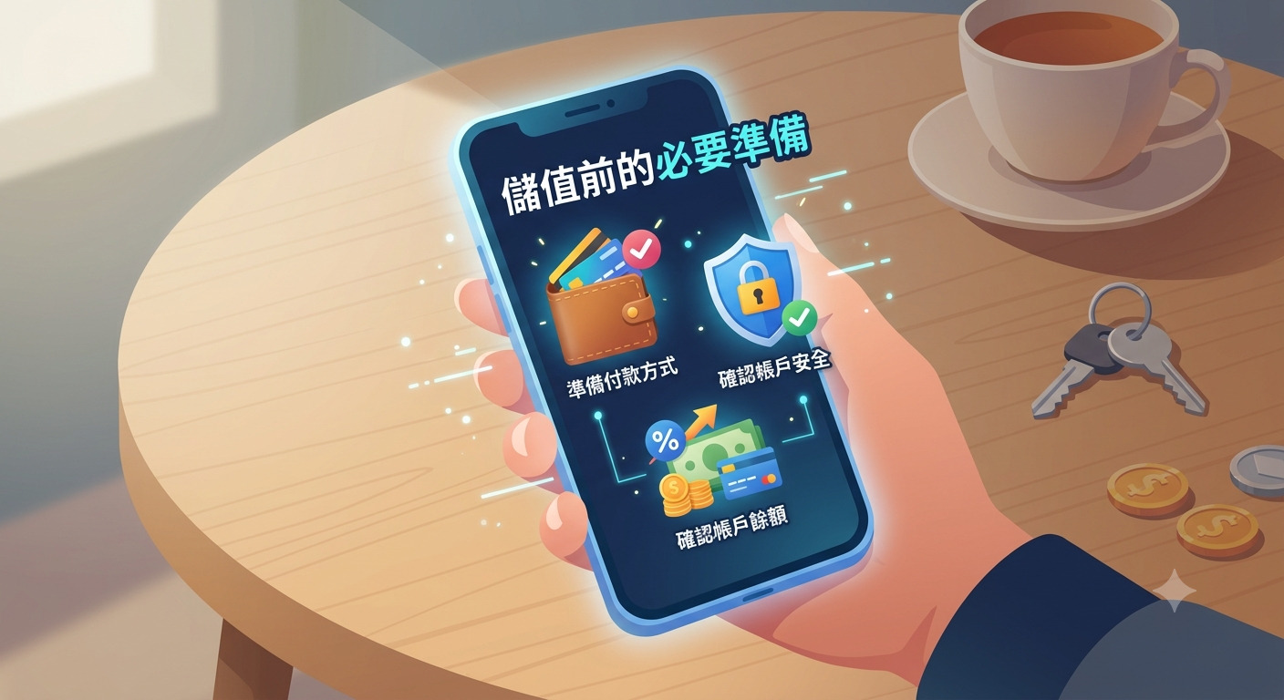 這張圖展示了一隻手持手機的畫面,螢幕上顯示著「儲值前的必要準備」標題。 畫面透過簡潔的圖示傳達了準備付款方式、確認帳戶安全及檢查餘額等核心概念。