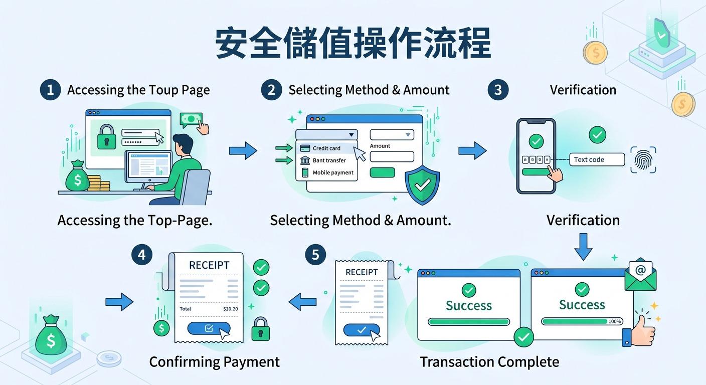 這張圖表清晰展示了「安全儲值操作流程」,透過五個步驟的圖示引導用戶完成支付。 整體設計採用專業且簡潔的風格,強調交易過程的安全防護與操作步驟的明確性。