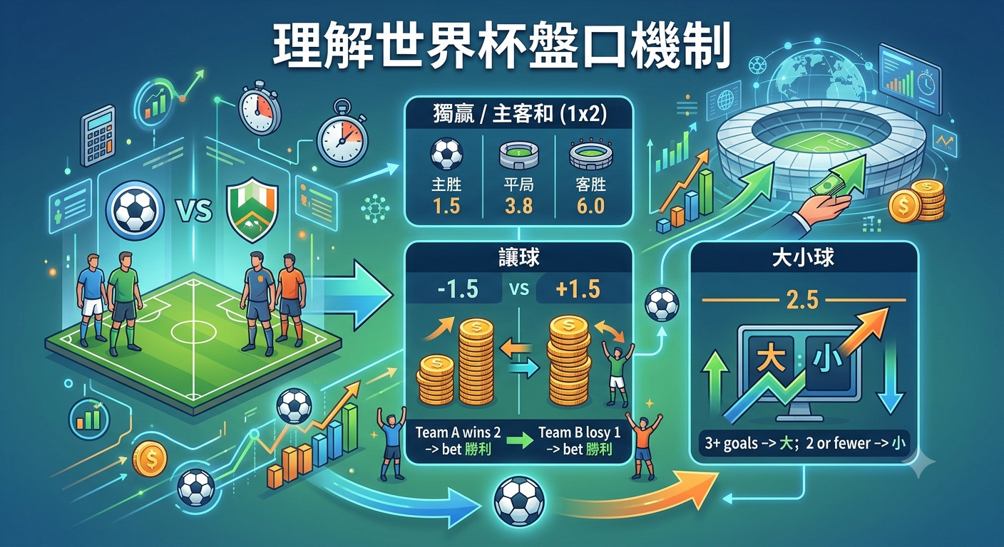 這張圖表清晰地解說了世界盃足球賽的主要投注機制,包含勝負盤(1x2)、讓球盤與大小球的運作方式。 圖像透過視覺化設計,協助使用者快速理解各項數據與投注規則背後的邏輯。