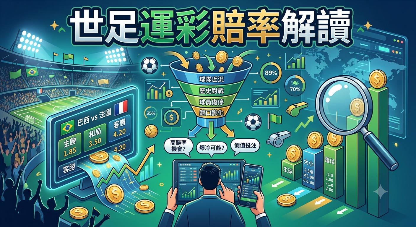 這是一張關於「世足運彩賠率解讀」的資訊圖表,展示了透過數據分析、歷史對戰與盤口變化來進行投注決策的過程。 畫面中結合了足球場背景、財經分析圖表及分析師操作設備的視角,直觀呈現運彩賠率背後的邏輯與策略。