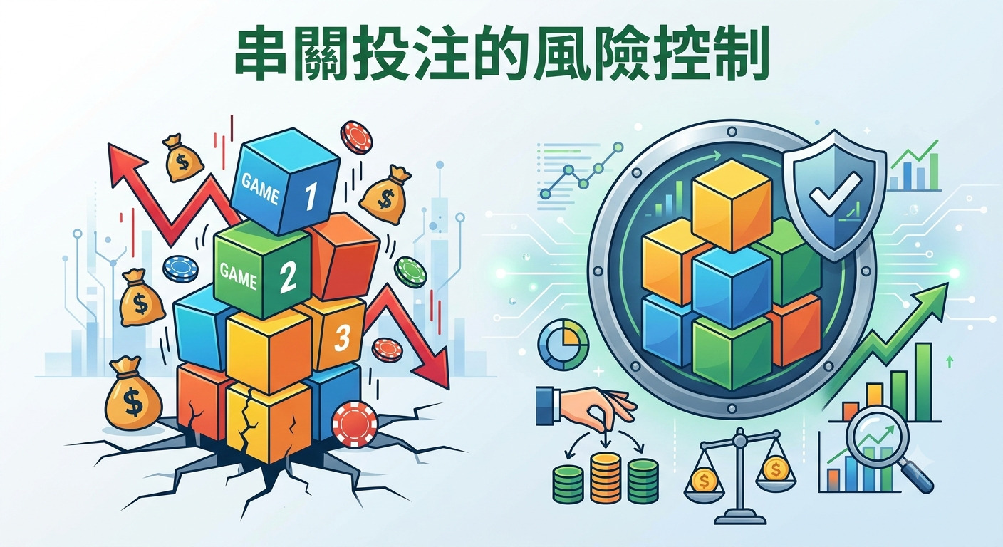 這張圖片以「串關投注的風險控制」為標題,對比了高風險的投注結構與受保護的資產管理。左側呈現出因不穩定而崩塌的遊戲方塊,右側則透過盾牌防護與財務分析工具,象徵透過風險控管來確保投注的穩健。