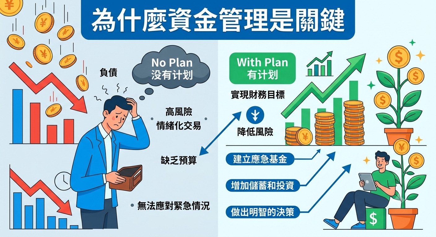 這張圖表對比了缺乏規劃與具備資金管理的不同結果,左側展示了債務與風險,右側則突顯了透過理財實現目標與穩定成長。 藉由圖像化的情境對比,清晰傳達出落實資金管理對於財務健康與未來發展的關鍵影響。
