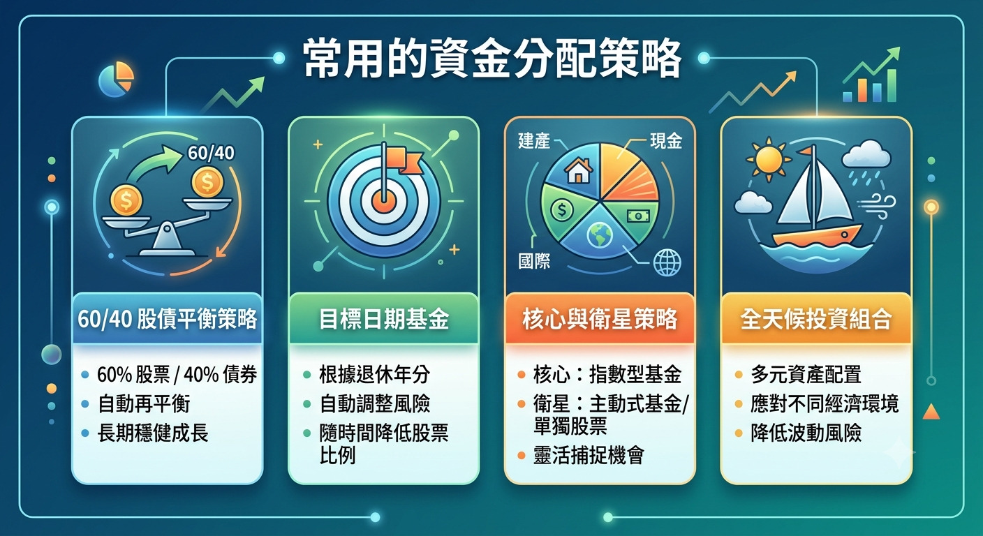 這是一張展示常見資產配置策略的資訊圖表,標題為「常用的資金分配策略」。 圖中列出了四種主要的投資方法:60/40 股債平衡、目標日期基金、核心與衛星策略以及全天候投資組合。