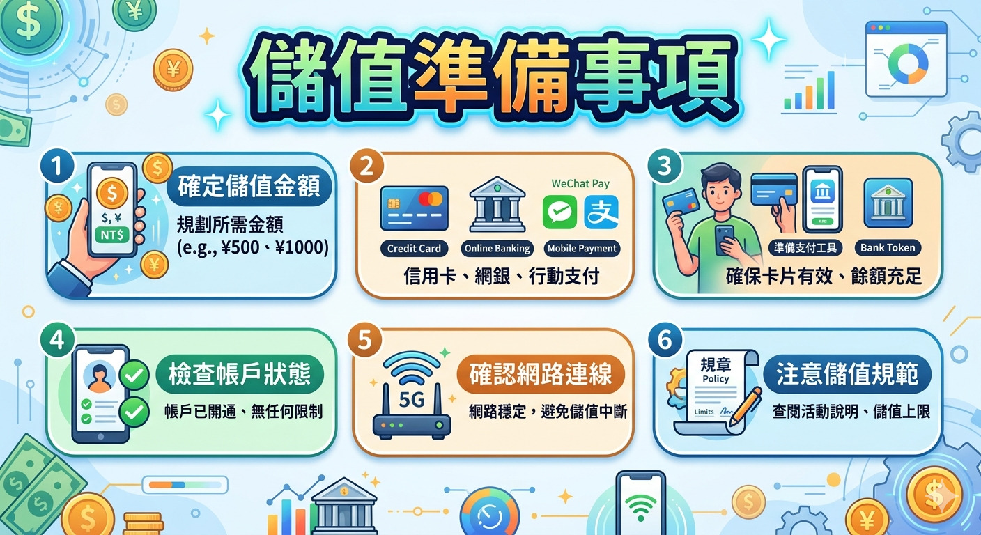 這張圖片以「儲值準備事項」為標題，採用清晰的資訊圖表設計，透過六個步驟說明儲值前的各項準備工作。 內容涵蓋確認金額、準備支付工具、檢查帳戶狀態、確認網路連線及閱讀儲值規範，背景融入了科技金融與貨幣元素。