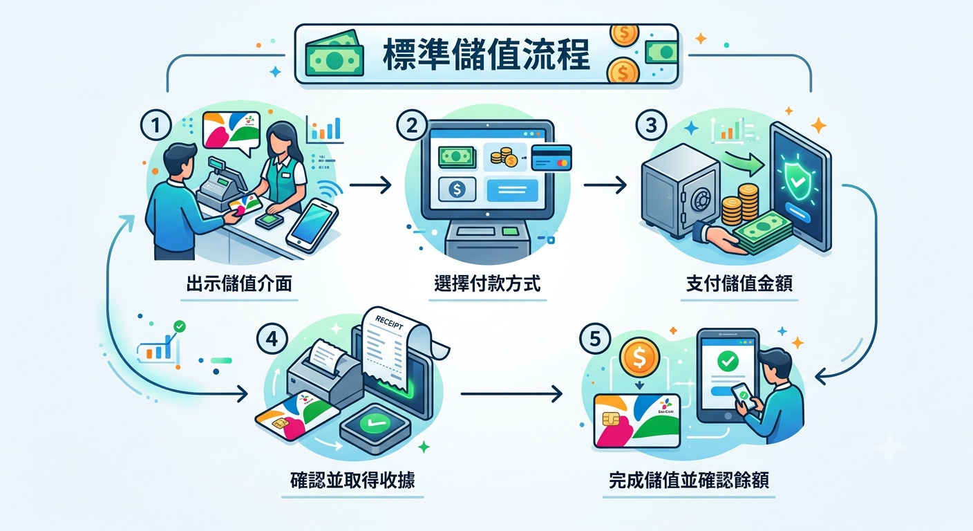 這張圖片展示了名為「標準儲值流程」的五步驟操作示意圖。 透過圖示清晰呈現了從出示媒介、選擇支付方式、付款、取得收據到完成確認的完整程序。