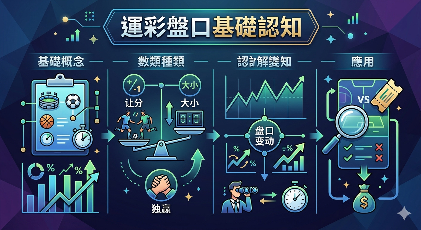 這張圖片以「運彩盤口基礎認知」為標題,透過科技風格的圖示系統化展示了運彩的基礎概念、盤口種類、變動解讀及應用。 畫面採用冷色調的霓虹設計,並以直觀的流程圖引導觀眾理解體育賽事投注的運作方式。