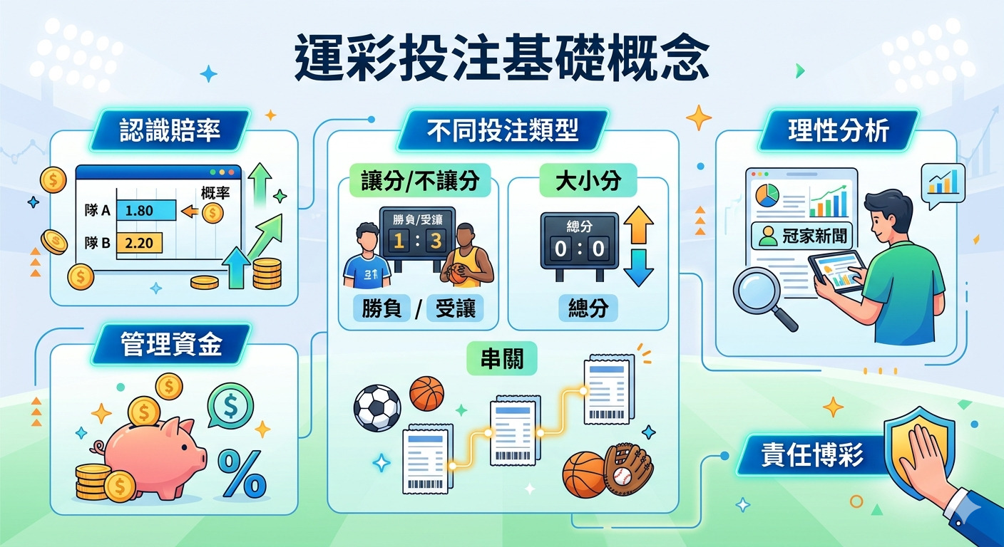 這是一張關於「運彩投注基礎概念」的教學圖解，透過簡潔的圖標與說明，解析賠率、投注類型、資金管理、理性分析及責任博彩等核心知識。 此圖以淺顯易懂的視覺化方式，呈現運動彩券投注的入門策略與風險控管原則，幫助初學者建立正確的博彩心態。