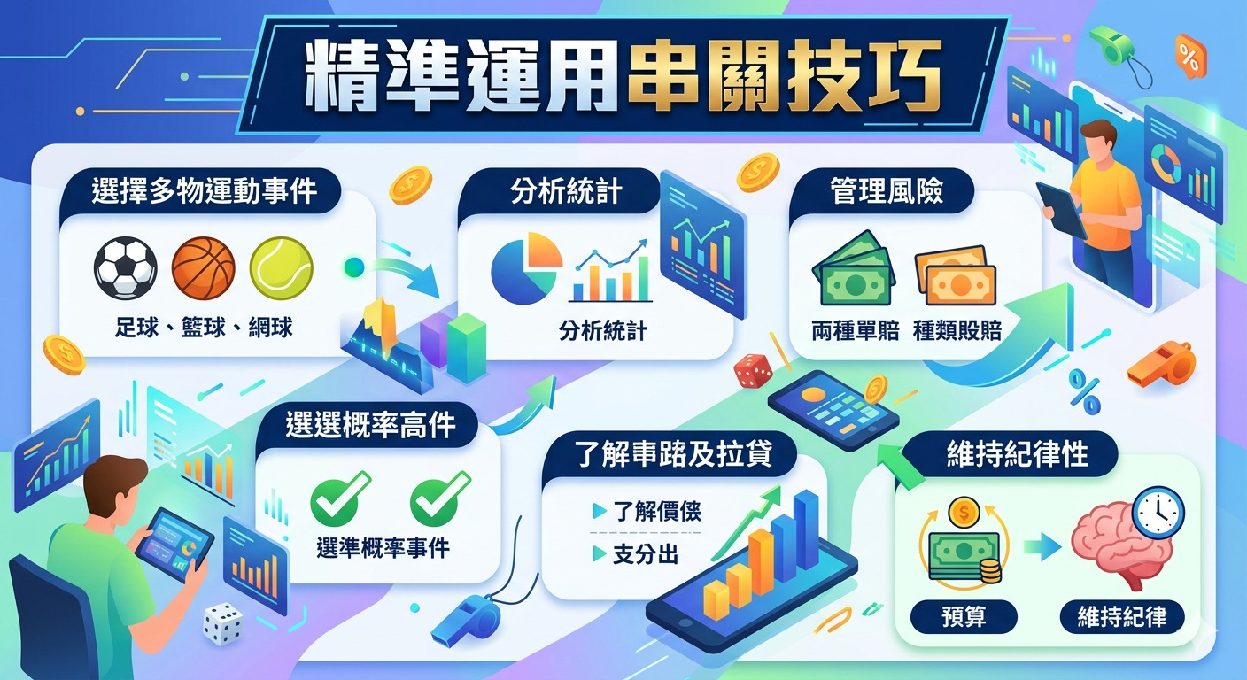 這張圖片展示了運用串關技巧的精準分析與風險管理策略。 畫面整合了統計圖表、各類運動項目及財務規劃，突顯了理性投注的關鍵要素。