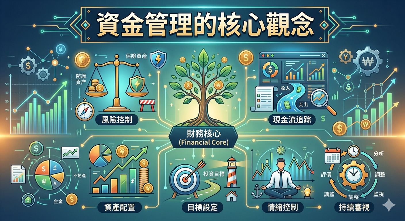 這張圖片以「資金管理的核心觀念」為標題,透過金融樹、風險控制、資產配置與現金流追蹤等圖示,直觀展示財務規劃的關鍵要素。 整體構圖呈現了從目標設定到情緒管理與持續審視的完整財務管理架構,協助投資者建立穩健的理財思維。