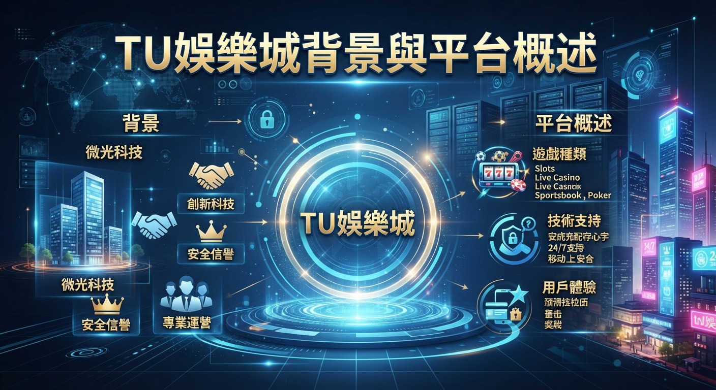 這張圖片展示了「TU娛樂城背景與平台概述」的主题,背景融入了科技感十足的未來城市與數據中心。 畫面中央突出了「TU娛樂城」的核心標誌,並透過圖標與圖表呈現平台的背景資訊與功能概述。