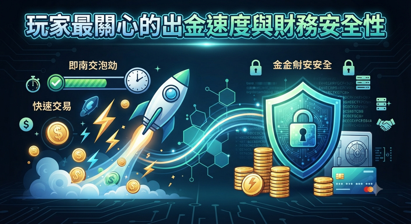 這張圖片以科技感十足的藍色調為主，上方醒目地展示了「玩家最關心的出金速度與財務安全性」標題。 畫面透過火箭象徵快速出金的交易速度，並結合盾牌與金庫來突顯財務與資金的絕對安全性。