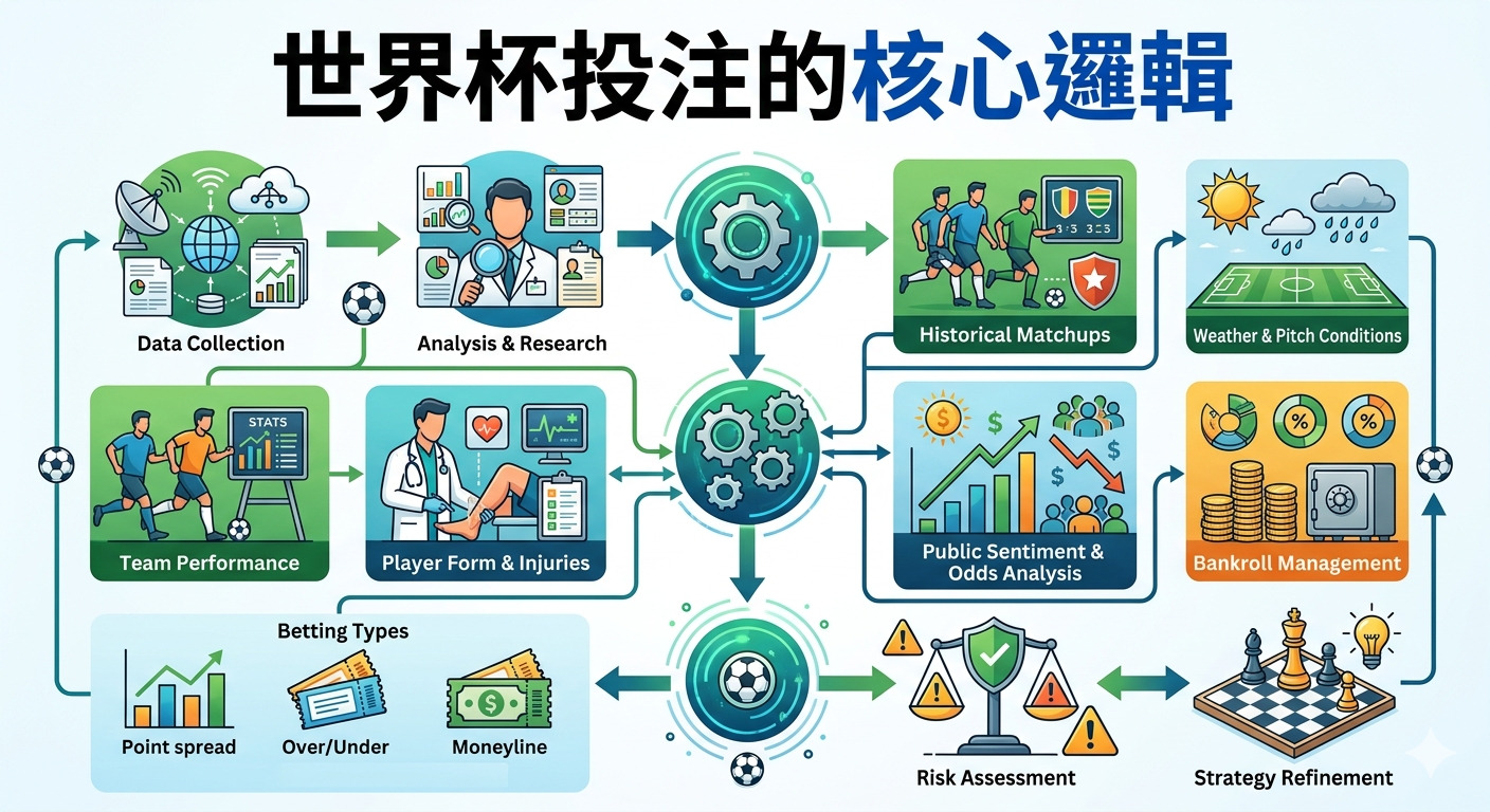 這張圖片名為「世界盃投注的核心邏輯」,以圖解方式呈現了博弈分析的關鍵步驟。 內容涵蓋數據收集、球員狀態評估、賠率分析以及資金與風險管理等核心決策要素。