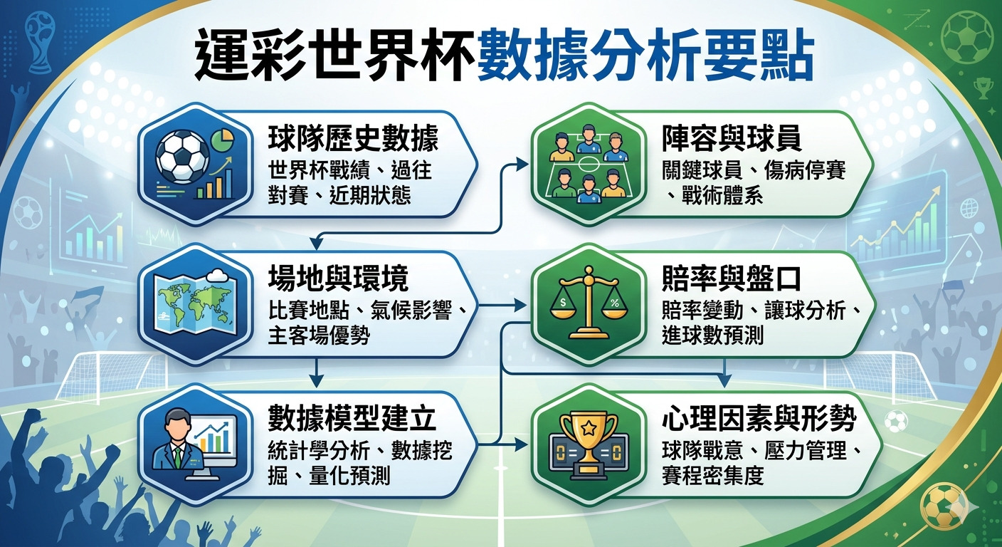 這張圖片名為「運彩世界杯數據分析要點」,透過圖表整理了足球賽事數據分析的關鍵因素。 內容涵蓋球隊歷史、陣容球員、場地環境、賠率盤口、數據模型及心理壓力等專業分析面向。